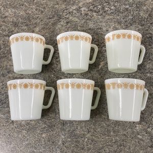 Vintage Pyrex Mugs Gold Butterfly Flower Pattern Microwave Safe, Set of 6